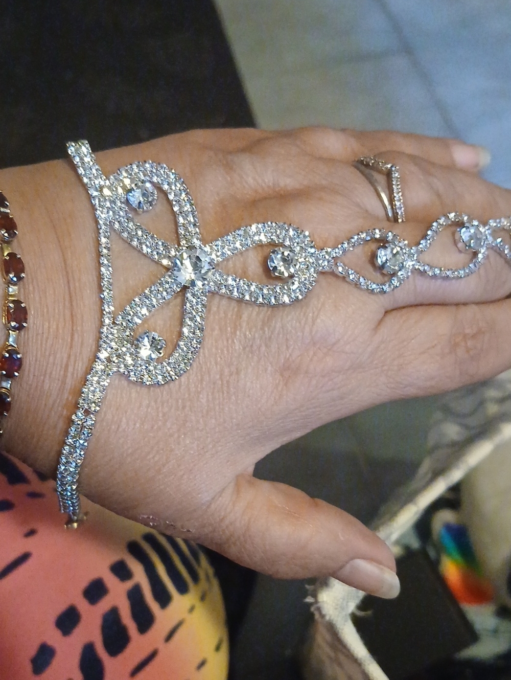 Elegant Crystal Hand Chain Bracelet - Silver Tone And Ring Never Used
